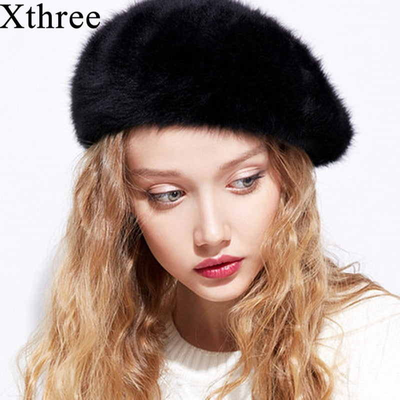 Christmas Gift Winter Autumn women's Rabbit fur beret hat for girl knitted hat solid fashion taking the female boina