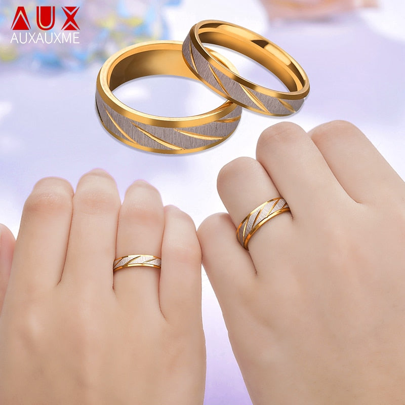 Christmas Gift Auxauxme Titanium Steel Engrave name Lovers Couple Rings Gold Wave Pattern Wedding Promise Ring For Women Men Engagement Jewelry