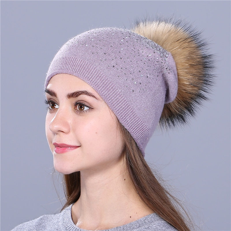 Aveuri women winter beanie hat Rabbit fur wool knitted hat the female of the mink pom pom Shining Rhinestone hats for women