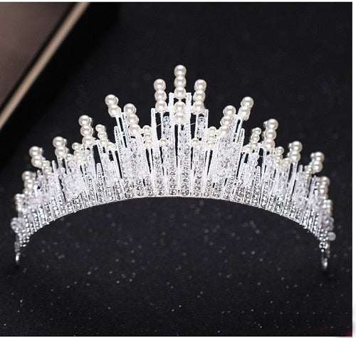 Aveuri Christmas Gift Luxury Silver Color Rhinestone Wedding Tiara Crown Pearl Queen Diadem Bride Crown Headpiece Wedding Hair Accessories Tiara