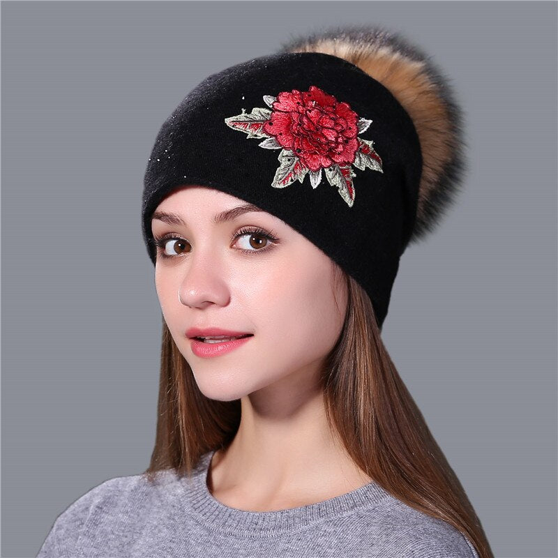 Christmas Gift Female winter hat fashion embroidery knitted beanie hat for women real fox fur pom pom wool hat Skullie hat girls gorro