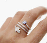 AVEURI High Quality Screw Twist Ring Micro Pave White Blue Cubic Zirconia 5A CZ Fatima Hamsa Hand Round Eye Rings For Women Jewelry