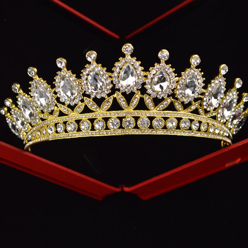 Aveuri 2023 New Pink Drop Bead Bridal Handmade Tiara Bride Headband Crystal Rhinestone Diadem Queen Crown Wedding Hair Accessory