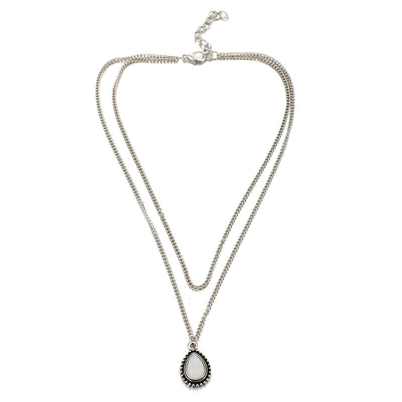 Tocona Hot New Multilayer Stone Water Drop Necklace Vintage Silver Color Link Chain Bohemia Necklaces&Pendants for Women 4835