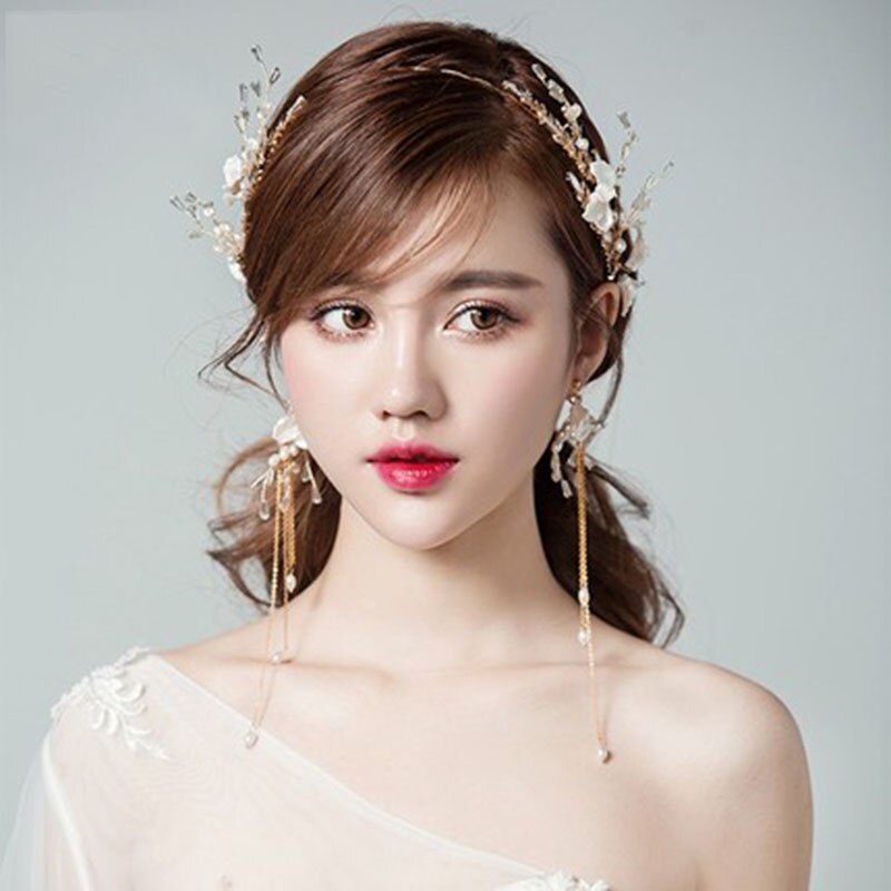 Aveuri Wedding Bridal Tiara Crown Golden Hairbands Set Hair Accessories Crystal Flower Hair Band Gilrs Head Band Hair Jewelry SG685