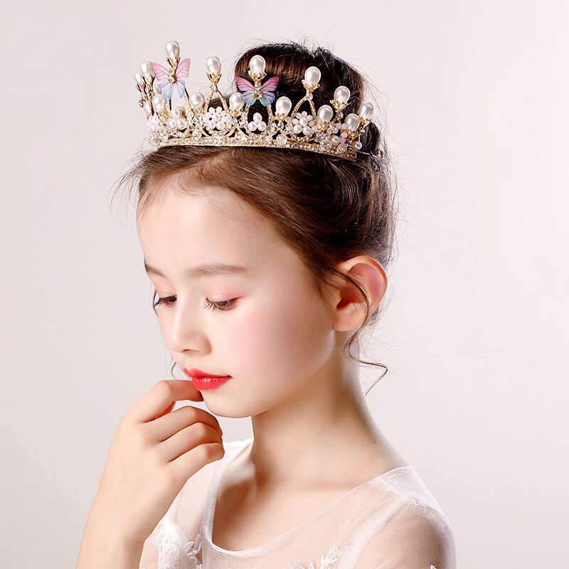Christmas Gift  Children Hairbands Tiaras And Crown Butterfly Pearl Hair Accessories For Girls Princess Birthday Party Luxury Fine Gift su073