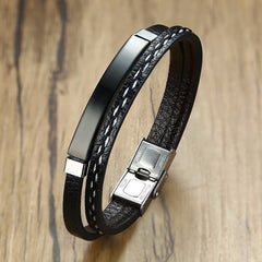 Vnox Multi Layer Leather Bracelets for Men Women Customizable Engraving Stainless Steel Casual Personalized Bangle