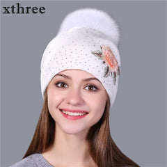 Christmas Gift Female winter hat fashion embroidery knitted beanie hat for women real fox fur pom pom wool hat Skullie hat girls gorro