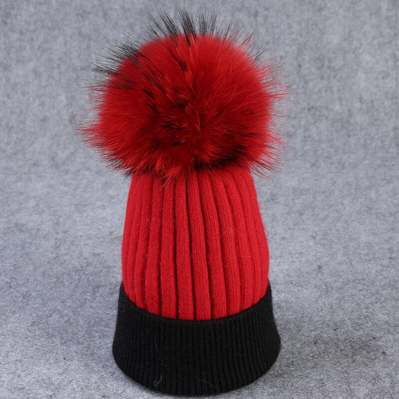 Christmas Gift winter wool knitted hat beanies real mink fur pom poms Skullies hat for women girls hat feminino