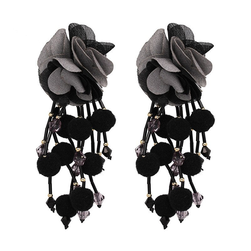 AVEURI  Bohemian Long Flower Earrings Pom Pom Big Statement Earrings Fringe Drop Earrings Women Jewelry