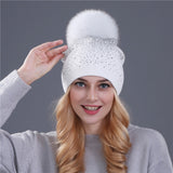 Aveuri women winter beanie hat Rabbit fur wool knitted hat the female of the mink pom pom Shining Rhinestone hats for women