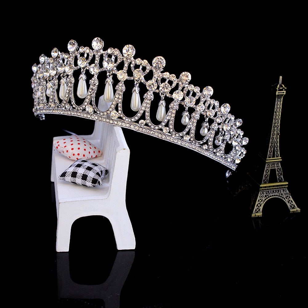 Vintage Silver Plated Queen Princess Diana Crown Crystal Pearl Diadem For Bridal Hair Accessories Bride Headbands Tiara De Noiva