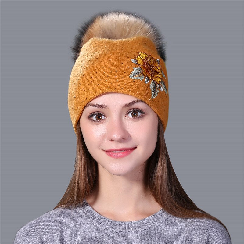 Christmas Gift Female winter hat fashion embroidery knitted beanie hat for women real fox fur pom pom wool hat Skullie hat girls gorro