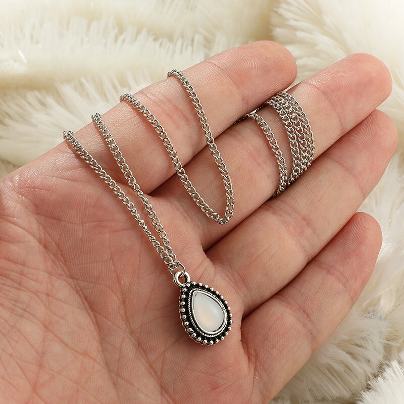 Tocona Hot New Multilayer Stone Water Drop Necklace Vintage Silver Color Link Chain Bohemia Necklaces&Pendants for Women 4835