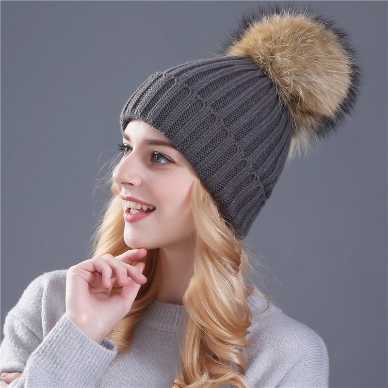 Christmas Gift Xthree Natural Mink Fur Winter Hat for Women Girl 's Hat Knitted Beanies Hat With Pom Pom Brand Thick Female Cap Skullies Bonnet