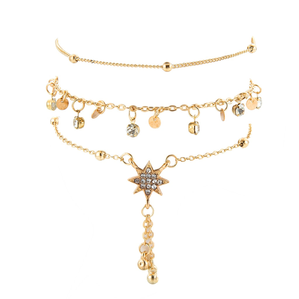 Tocona Charm Boho Gold Metal Chain Water Drops Crystal Pendant Layered Anklets For Women Statement Star Foot Jewelry 7118