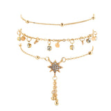Tocona Charm Boho Gold Metal Chain Water Drops Crystal Pendant Layered Anklets For Women Statement Star Foot Jewelry 7118