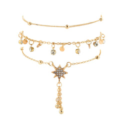 Tocona Charm Boho Gold Metal Chain Water Drops Crystal Pendant Layered Anklets For Women Statement Star Foot Jewelry 7118