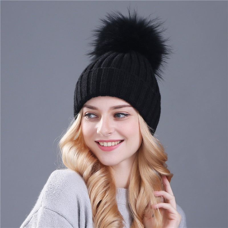 Christmas Gift Xthree Natural Mink Fur Winter Hat for Women Girl 's Hat Knitted Beanies Hat With Pom Pom Brand Thick Female Cap Skullies Bonnet