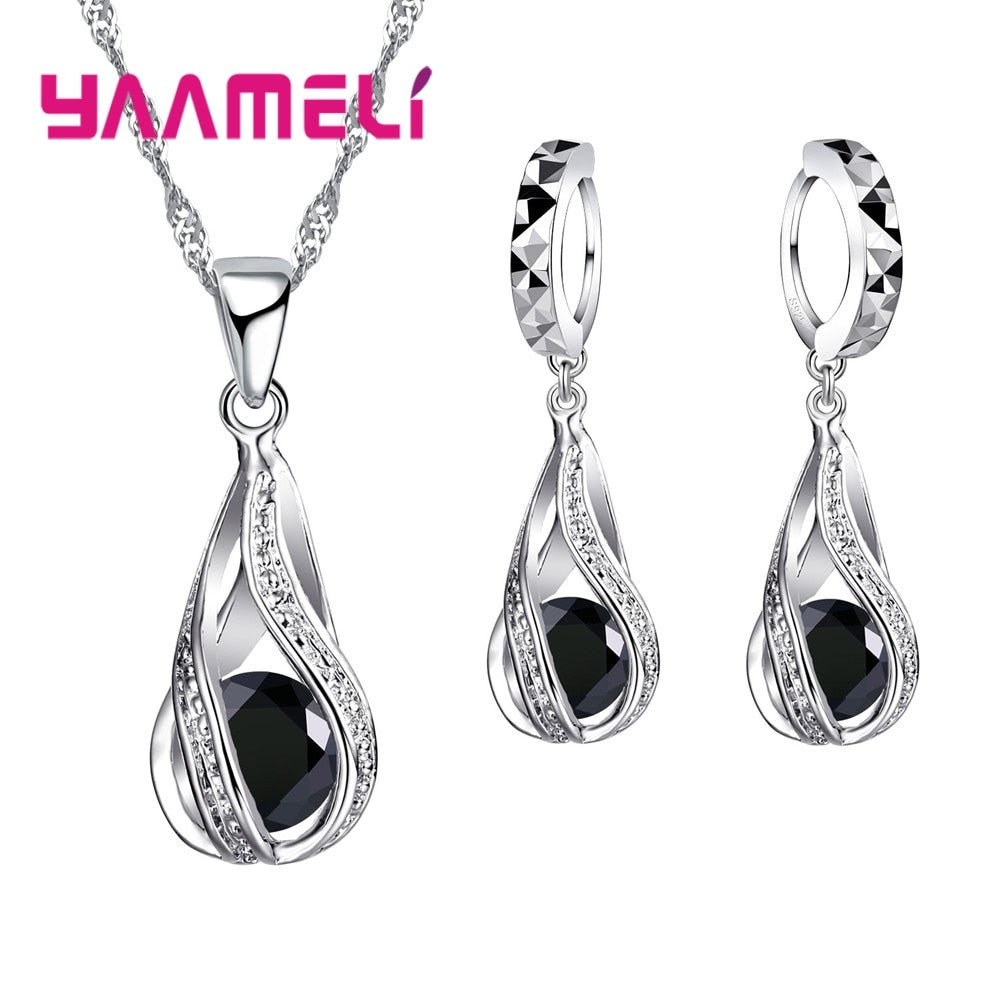 Christmas Gift Hot Water Drop CZ Jewelry Set For Women Pendant Necklace Hoop Earrings Wedding Party Ceremoey Anel