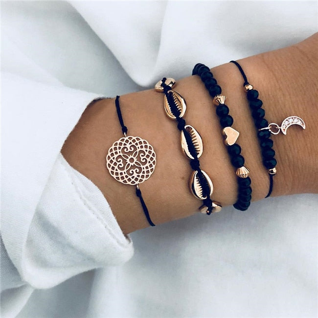 AVEURi 2023 Bohemian Black Gem Stone Beads Bracelets Bangles For Women Heart Map Ocean Gold Color Chain Bracelets Sets Jewelry Gifts