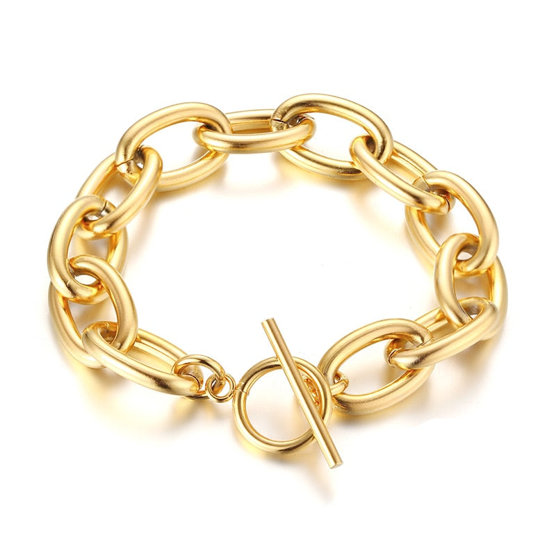 CHUNKY CURB LINK CHAIN WOMEN BRACELET  STAINLESS STEEL ELEGANT GOLD TONE BIG CHAIN TOGGLE BRACELET