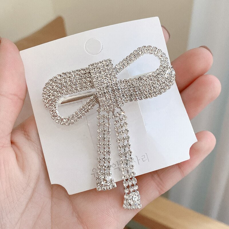 Aveuri 2022 The New Dual Purpose Rhinestone Bow Tie Word Clip Tassel Bangs Clip Fairy Side Hairpin Brooch Duckbill Clip