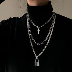 AVEURI  2023 Fashion Unisex Multilayer Hip Hop Long Chain Necklace For Women Men Jewelry Gifts Key Cross Pendant Necklace Accessories