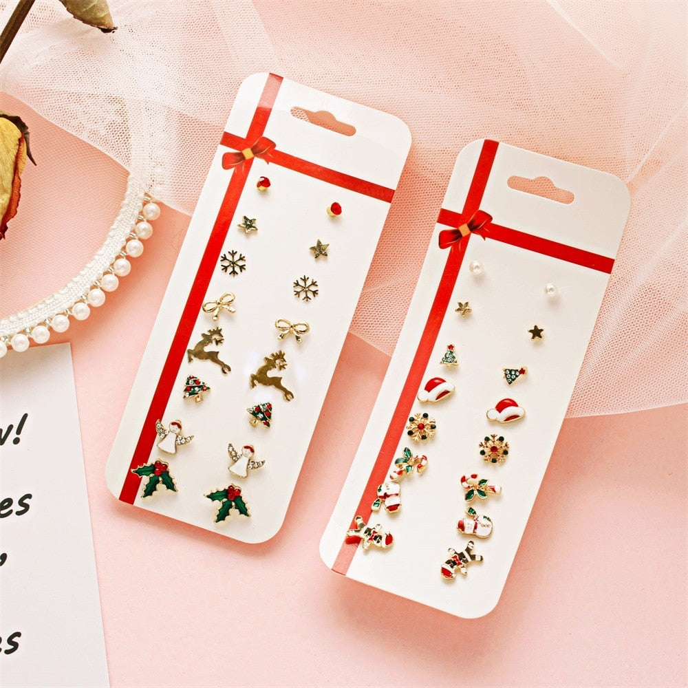 Christmas Gift 8pcs/set Christmas Earrings Jewelry Accessories Set Cute Santa Claus Snowman Tree Bell Christmas Gifts For Women Girls Kids