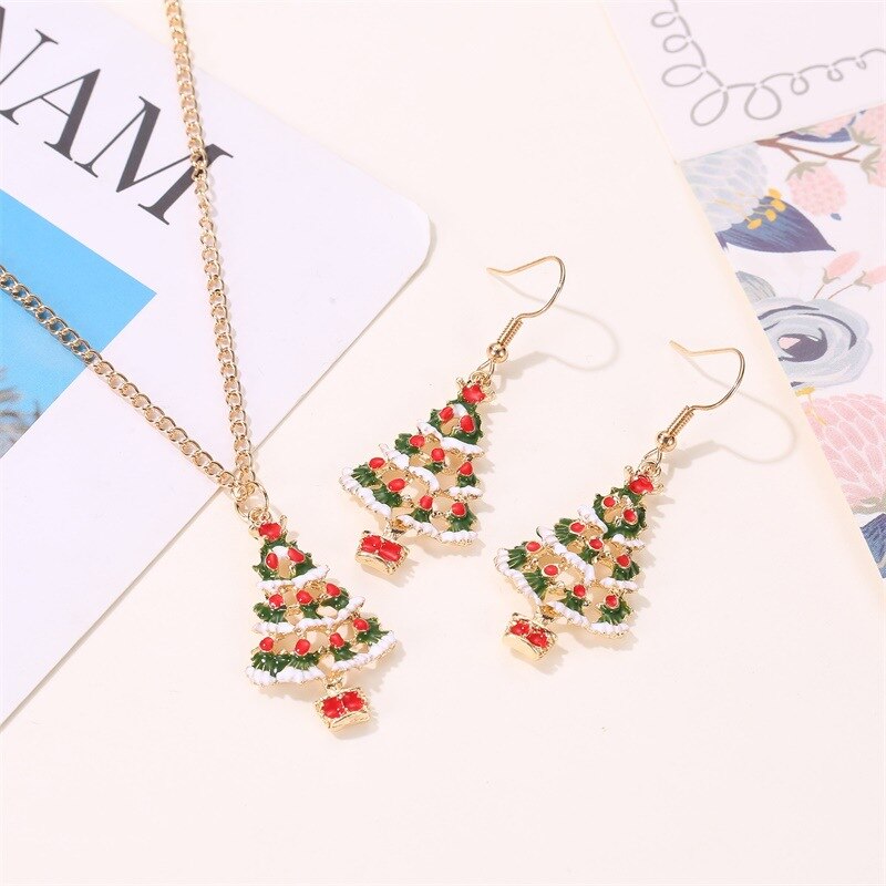 Christmas Gift Cute Red Green Enamel Cartoon Christmas Tree Jewelry Set for Women Girl Gold Chain Pendant Necklace and Drop Earrings Festival