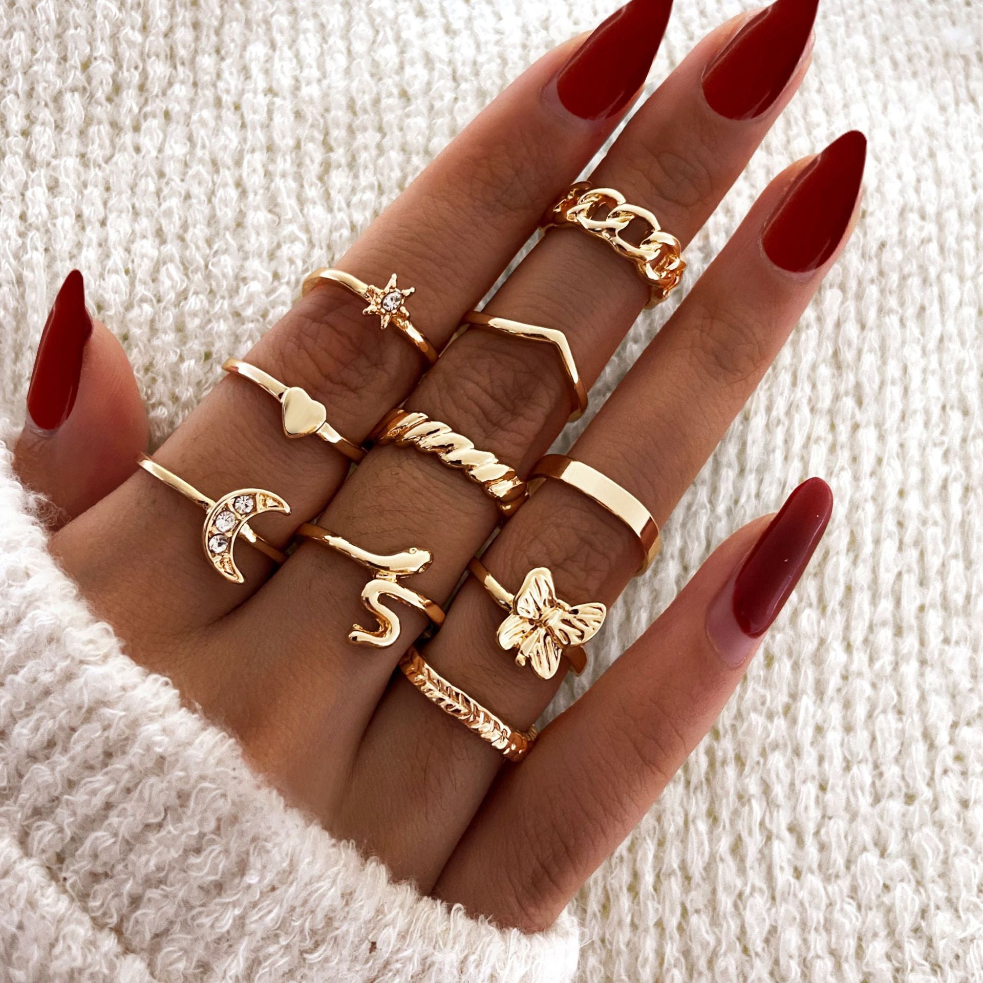 LATS Bohemian Gold Chain Rings Set For Women Fashion Boho Coin Snake Moon Star Rings Party 2023 Female Trend Jewelry Gifts