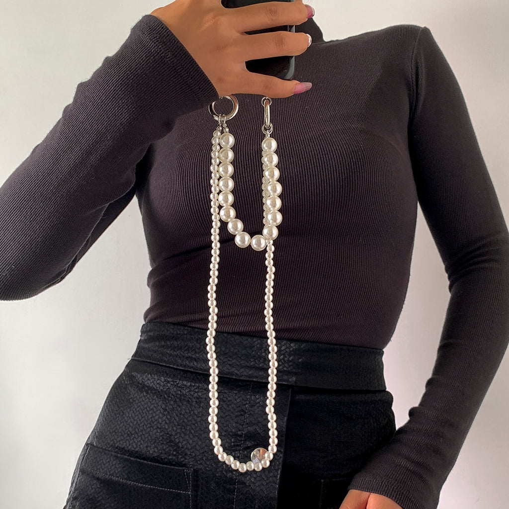 Aveuri2022 Trend Women Vintage Elegant Multilayer Big Simulated Pearls Beads Mobile Phone Chain String Wristband Anti Lost Accessories