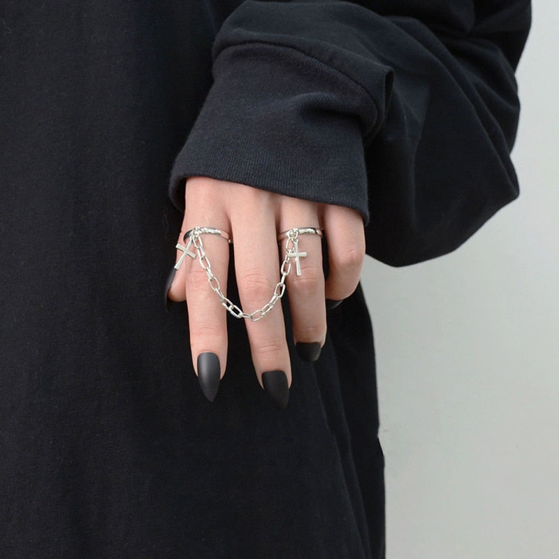 Aveuri Punk Cool Hiphop Chain Rings Multi-layer Adjustable Open Finger Rings Set Alloy Man Rings for Women Party Gift Jewelry