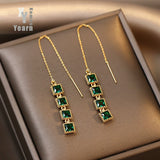 Christmas Gift 2023 New Luxury Green Crystal Square Tassel Ear Line Korean Fashion Jewelry Party Girl's Exquisite Earrings For Woman ’s Acc