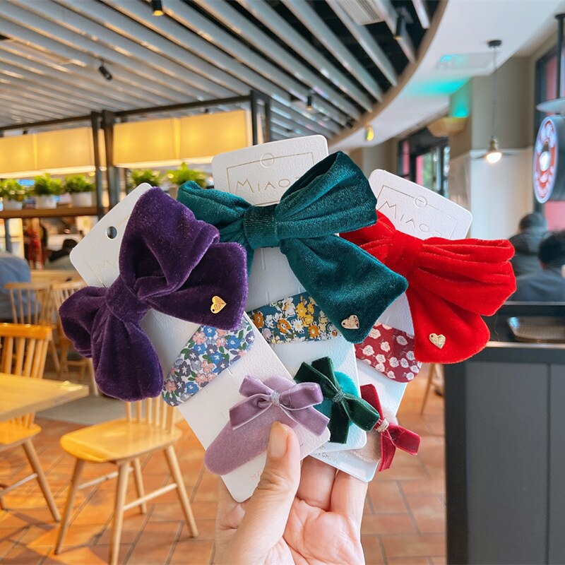 AVEURI Back to school preppy style 3 Pcs New Children's Simple Cute Colorful Velvet Bow Duckbill Clip Sweet Girl Baby Floral Fabric BB Clip Kids Hair Accessories