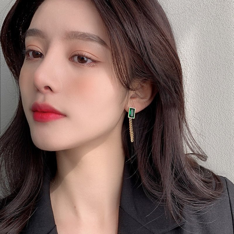 Christmas Gift 2023 New Classic Geometric Rectangle Green Crystal Stainless Steel Chain Tassel Earrings Girl's Unusual Accessories For Woman