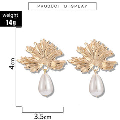 Tocona Charming Gold Maple Leaf Butterfly Big Geometric Dangle Earrings for Women Jewelry Fashion Statement Pearl Earrings