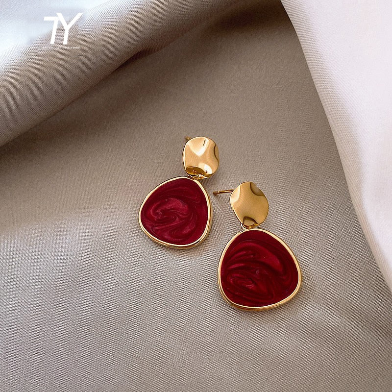 Christmas Gift 2023 New Classic Wine Red Drop Glaze Oval Dangle Earrings For Woman Korean Fashion Jewelry Party Girl's Sexy Luxury Earrings