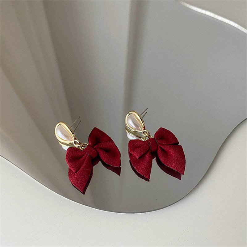 Aveuri 2023 New Fashion Vintage Wine Red Plush Bowknot Ring Earring Personality Simple Autumn And Winter All-Match Jewelry For Women Girls