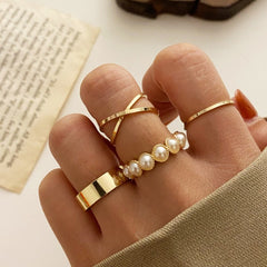 LATS Creative Retro Inlaid Pearl Rings for Women Vintage Gold Silver Color Joint Ring Set Female Elegant Fashion Jewelry Gifts