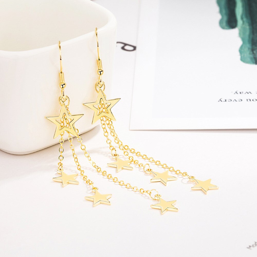 Christmas Gift alloy new woman fashion jewelry high quality retro simple five-pointed star exaggerated long tassel earrings