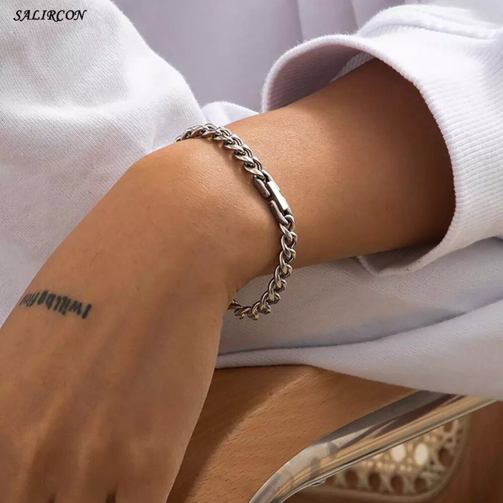 Aveuri Kpop Stainless Steel Lock Pendant Bracelet on Hand Punk Chain Women Men Bracelets Charm Couple Bracelet Jewelry Gift