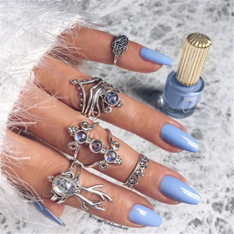 Aveuri Leaf Moon Crescent Rings for Women Antique Sliver Color Punk Knuckle Midi Ring Set Vintage  Jewelry Accessories Wholesale