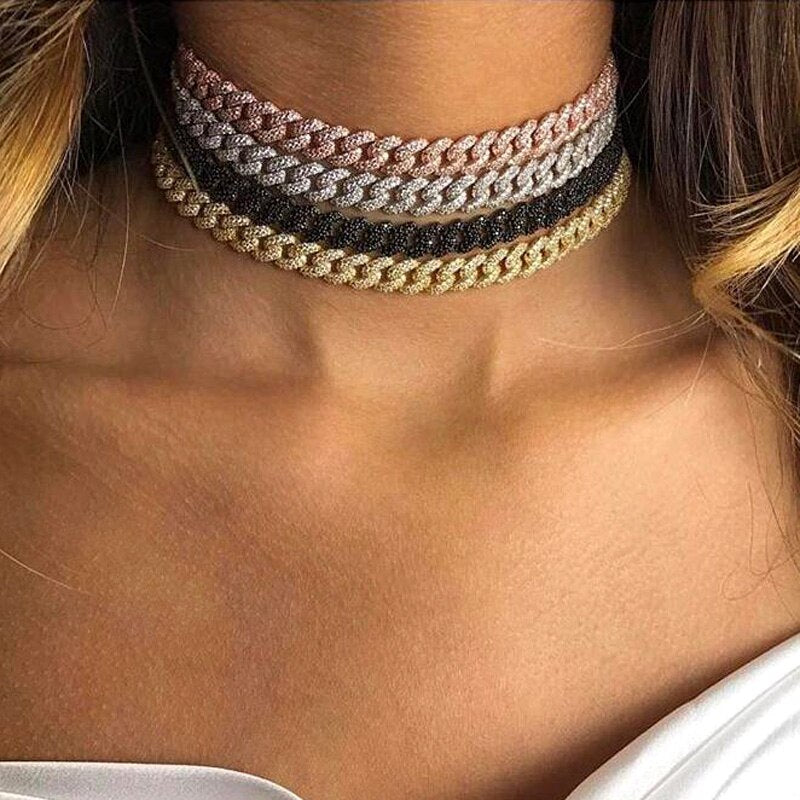 AVEURI New Gold Filled Iced Out Bling Wide Miami Curb Cuban Link Chain Rock CZ Butterfly Choker Women Chain Adjust Size Necklace