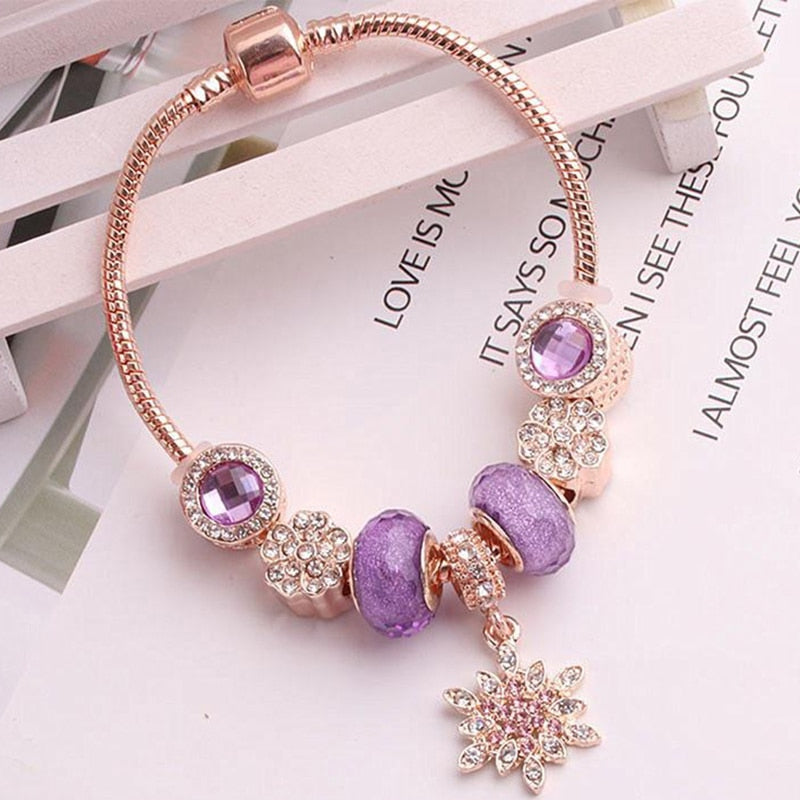 Aveuri High Quality Rose Gold Crystal Charm Bracelets For Women With Pink Leaves Bracelets & Bangles Fashion Jewelry Gift Dropshipping