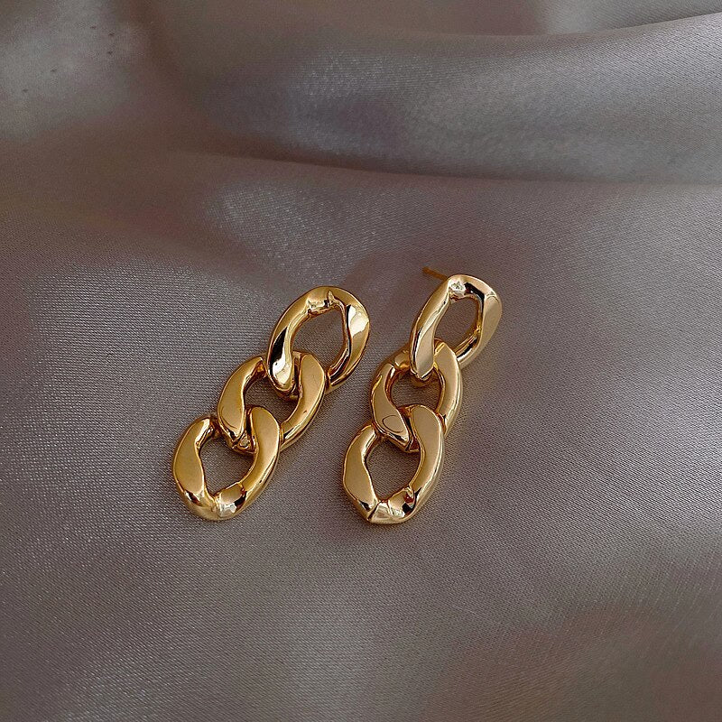 LATS Korea Cuba Bright Gold Color Exaggerated Metal Chain Drop Earrings for Women Retro Punk Chain Earring Vintage Jewelry Gift