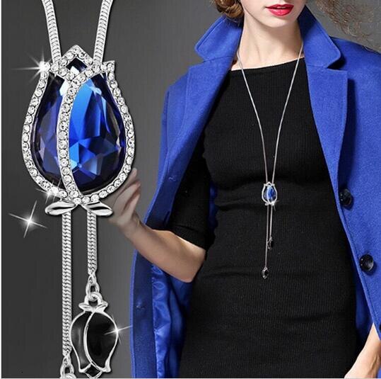 Luxury Long Chain Necklaces & Pendants for Women 2023 Fashion Waterdrop Gray Crystal Necklace Female Collier Femme Party Jewelry