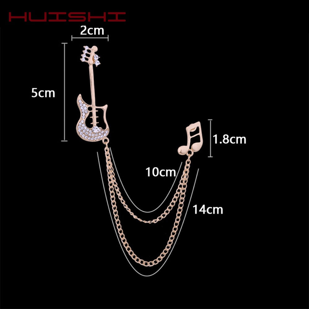 HUISHI Rhinestone Brooch Korean Luxury Rhinestone Music Note Brooch Guitar Tassel Chain Lapel Pins Men's Suit Buckle Pin For Men