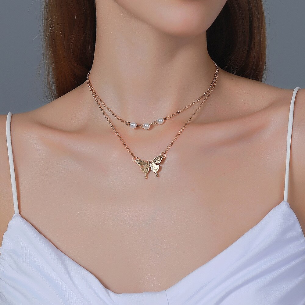 LATS 2023 New Fashion Kpop Pearl Choker Necklace Cute Double Layer Chain Pendant for Women Trendy Jewelry Girl Gift Wholesale