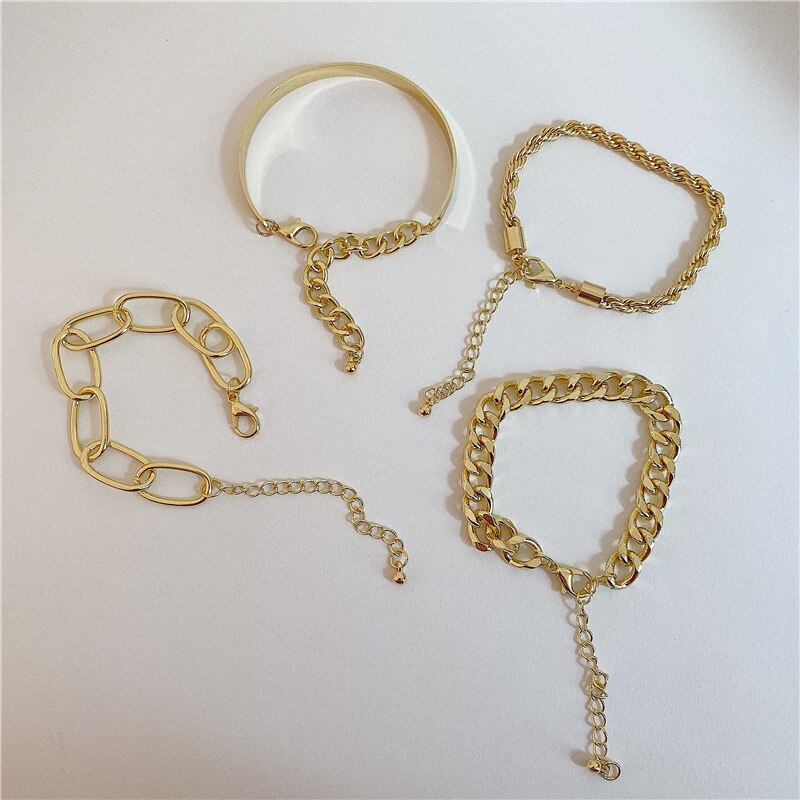 Aveuri 4Pcs/Set Punk Curb Cuban Chain Bracelets Set For Women Miami Boho Thick Gold Color Charm Bracelets Bangles Fashion Jewelry Gifts
